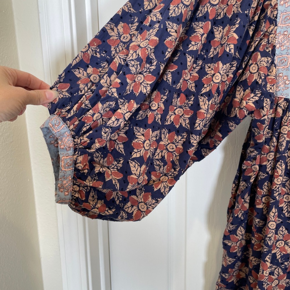 Free People Hazy Maisy Dress Maxi Indigo Combo Floral Paisley Boho Puff Sleeve S - Picture 5 of 10
